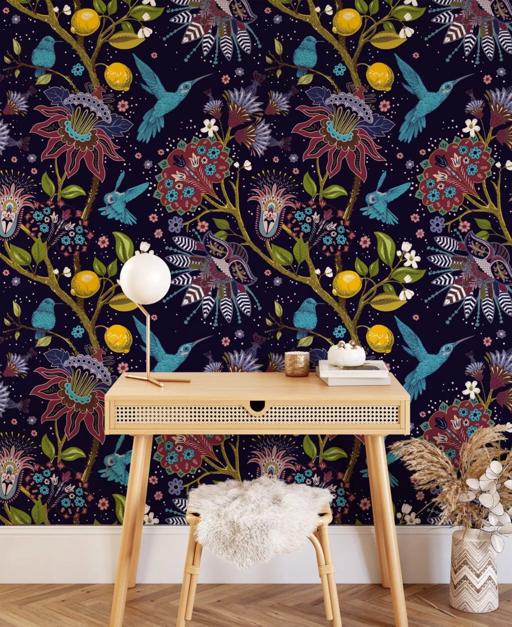 Floral and Aqua Hummingbird Wallpaper - Traditional Design with a Modern Twist