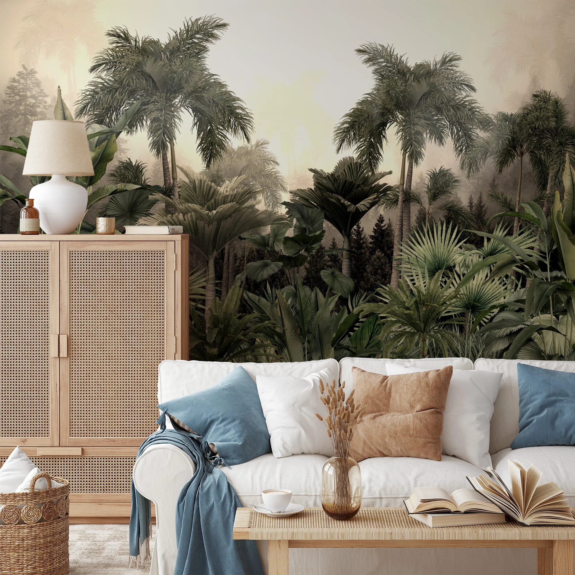 Misty Jungle Wallpaper with Lush Palm Trees and Large Leaves for a Tropical and Exotic Interior