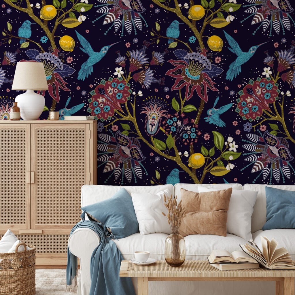 Floral and Aqua Hummingbird Wallpaper - Traditional Design with a Modern Twist