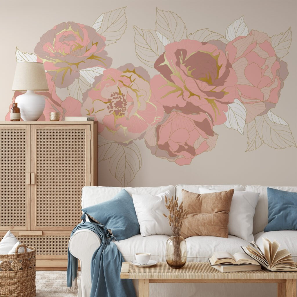 Elegant Pink Peony Roses with Golden Line Art Wallcovering for a Chic and Luxurious Decor