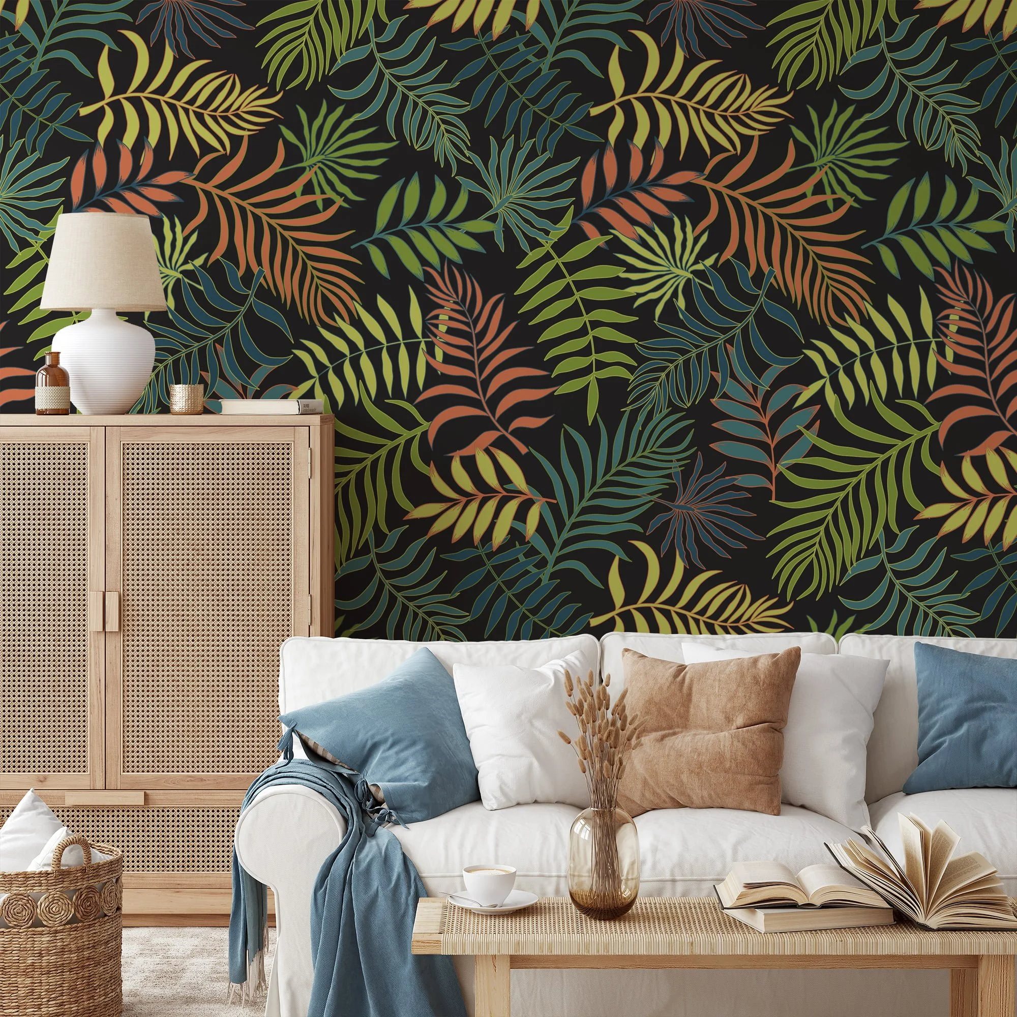 Bold and Beautiful Tropical Floral Leaves on Dark Background - Self-Adhesive Peel and Stick Fern Wallpaper with Botanical Charm