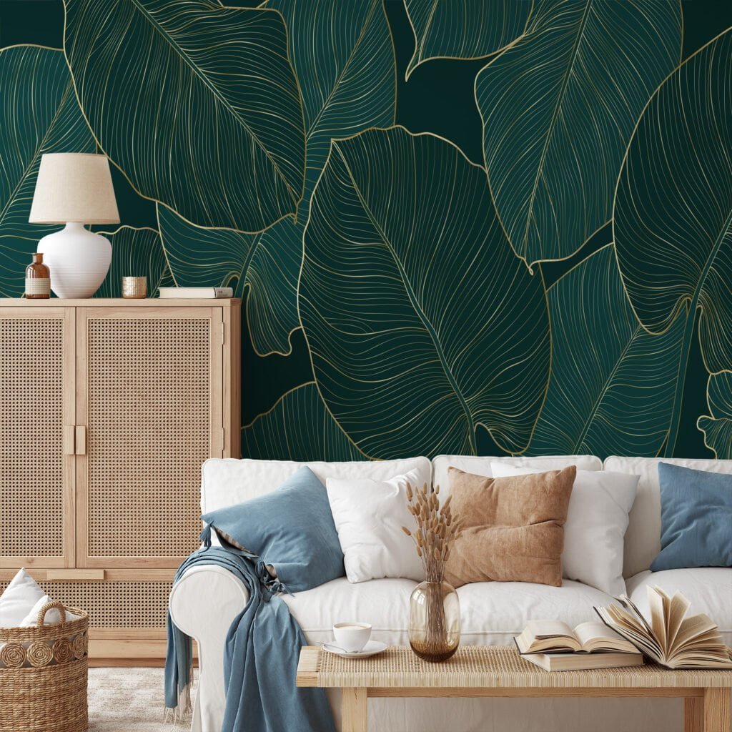 Stunning Dark Green Monstera Leaves with Golden Line Art - Self-Adhesive Peel and Stick Nature Wallpaper for a Bathroom or Kitchen Refresh