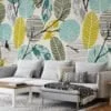 Artistic Abstract Fall Leaves with Branches on Light Background - Self-Adhesive Peel and Stick Wallpaper with a Modern Twist in Blue and Yellow