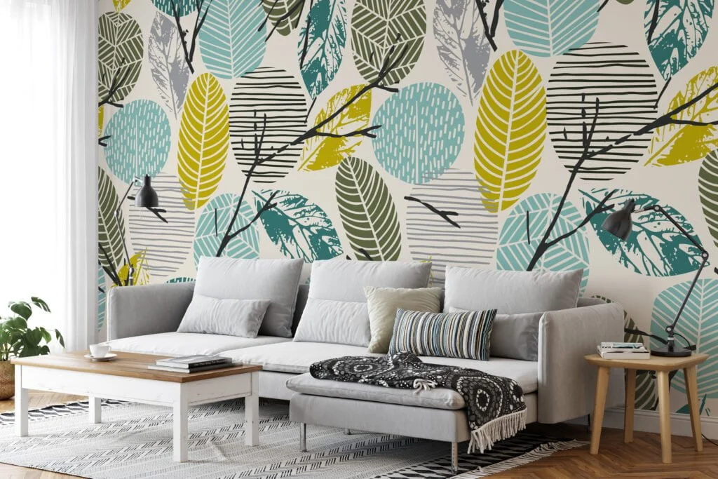 Artistic Abstract Fall Leaves with Branches on Light Background - Self-Adhesive Peel and Stick Wallpaper with a Modern Twist in Blue and Yellow