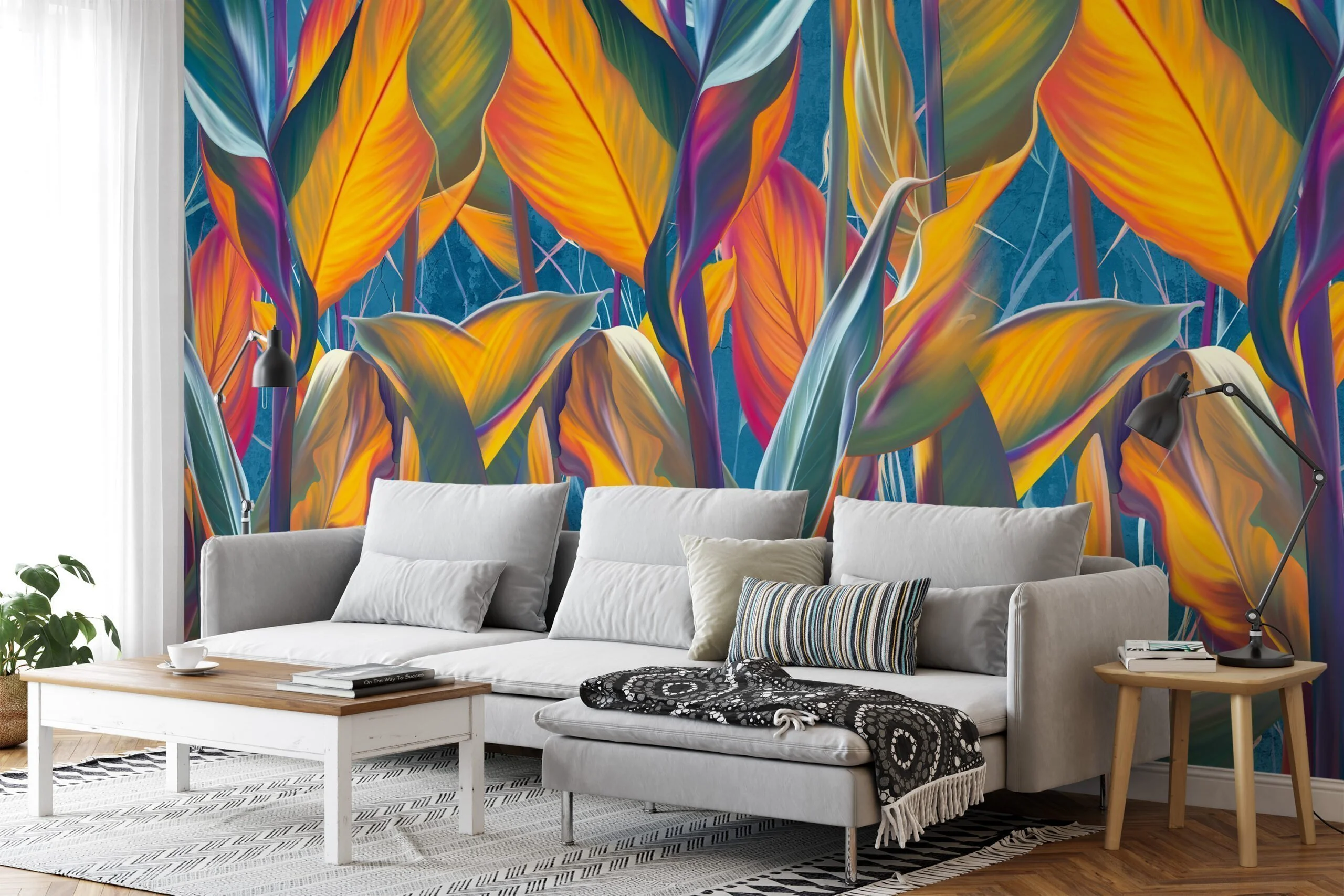 Bring a Splash of Color to Your Space with Colorful Large Sunset Leaves on Blue Background - Self-Adhesive Peel and Stick Exotic Mixed Colored Leaf Wallpaper for a Tropical Escape
