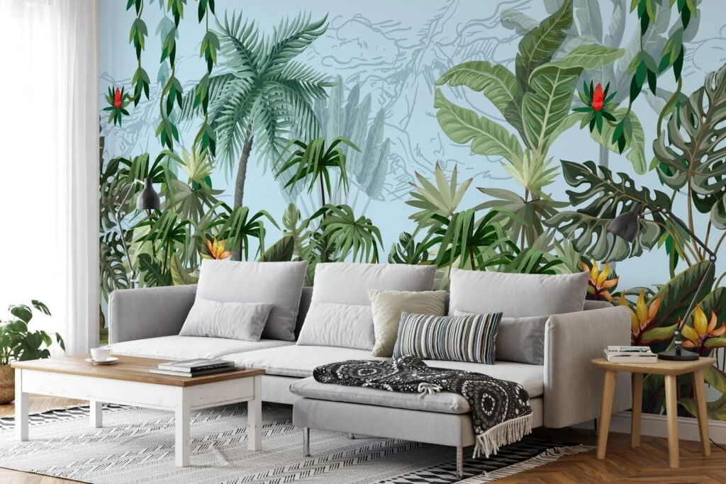 Tropical Jungle Forest Illustration with Soft Blue Background Wallpaper for a Calming and Serene Oasis