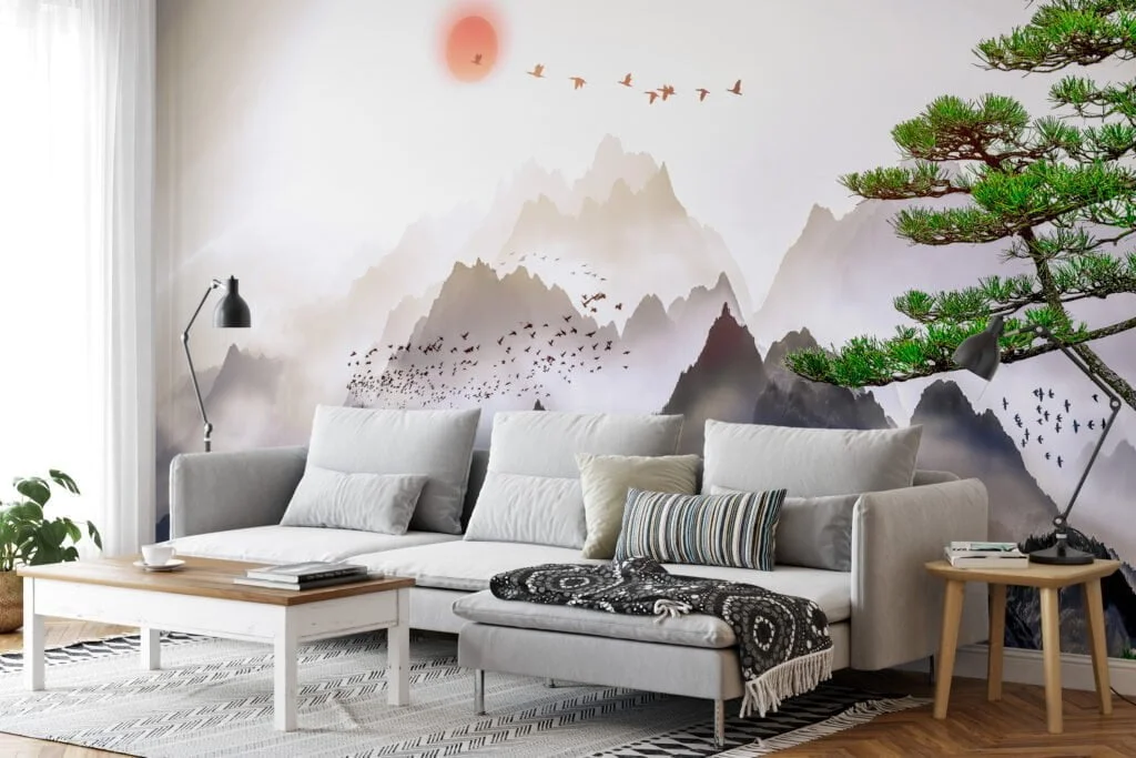 Tranquil Nature Wallpaper with Misty Mountains and Soaring Birds for a Peaceful and Serene Home Ambiance