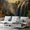 Breathtaking Waterfall Wallpaper with Majestic Mountains and a Radiant Sunset for a Serene and Scenic Home Ambiance