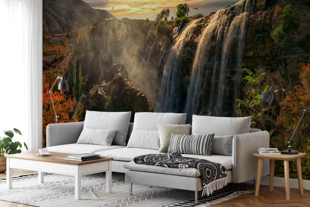 Breathtaking Waterfall Wallpaper with Majestic Mountains and a Radiant Sunset for a Serene and Scenic Home Ambiance