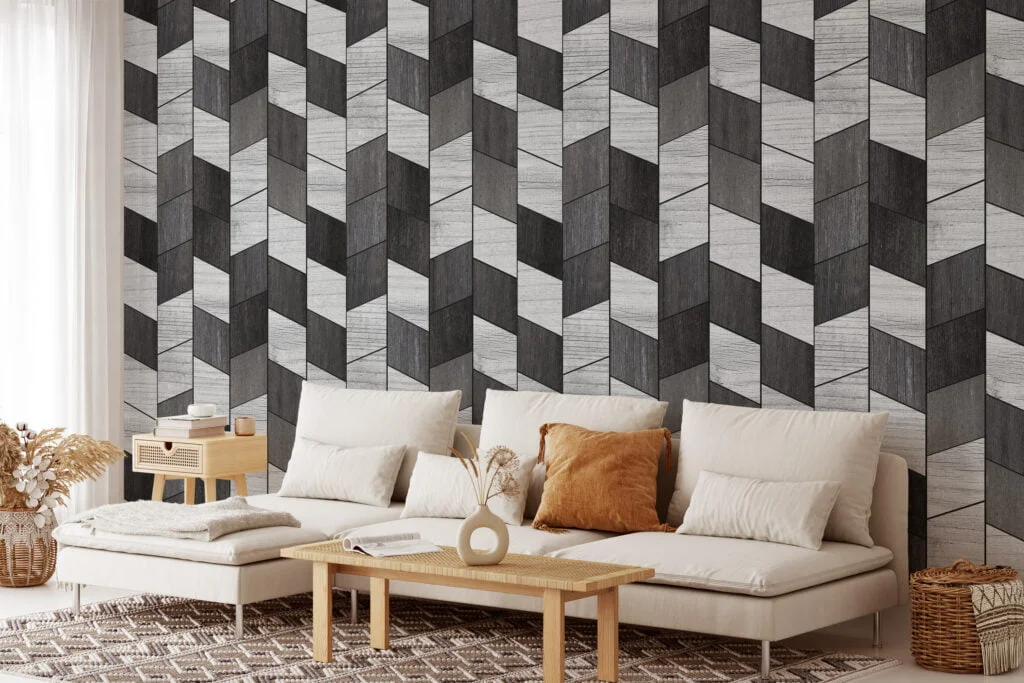 Customizable Geometric Wooden Panel Pattern Wall Mural with Self-Adhesive Peel and Stick Options, Removable Properties for Modern Wallpaper in Living Rooms