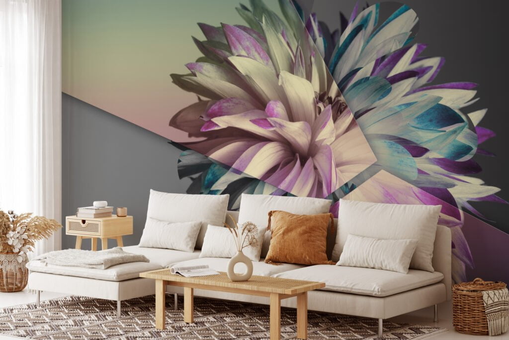 Sophisticated Abstract Flower Wallpaper on Grey Background, Modern Self Adhesive Wall Mural for Bedrooms