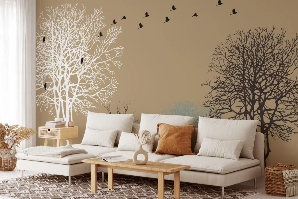 Peel and Stick Minimalist Trees and Birds Wallpaper with Customizable Sizes and Removable Properties for Modern Wall Decor in Living Rooms or Bedrooms