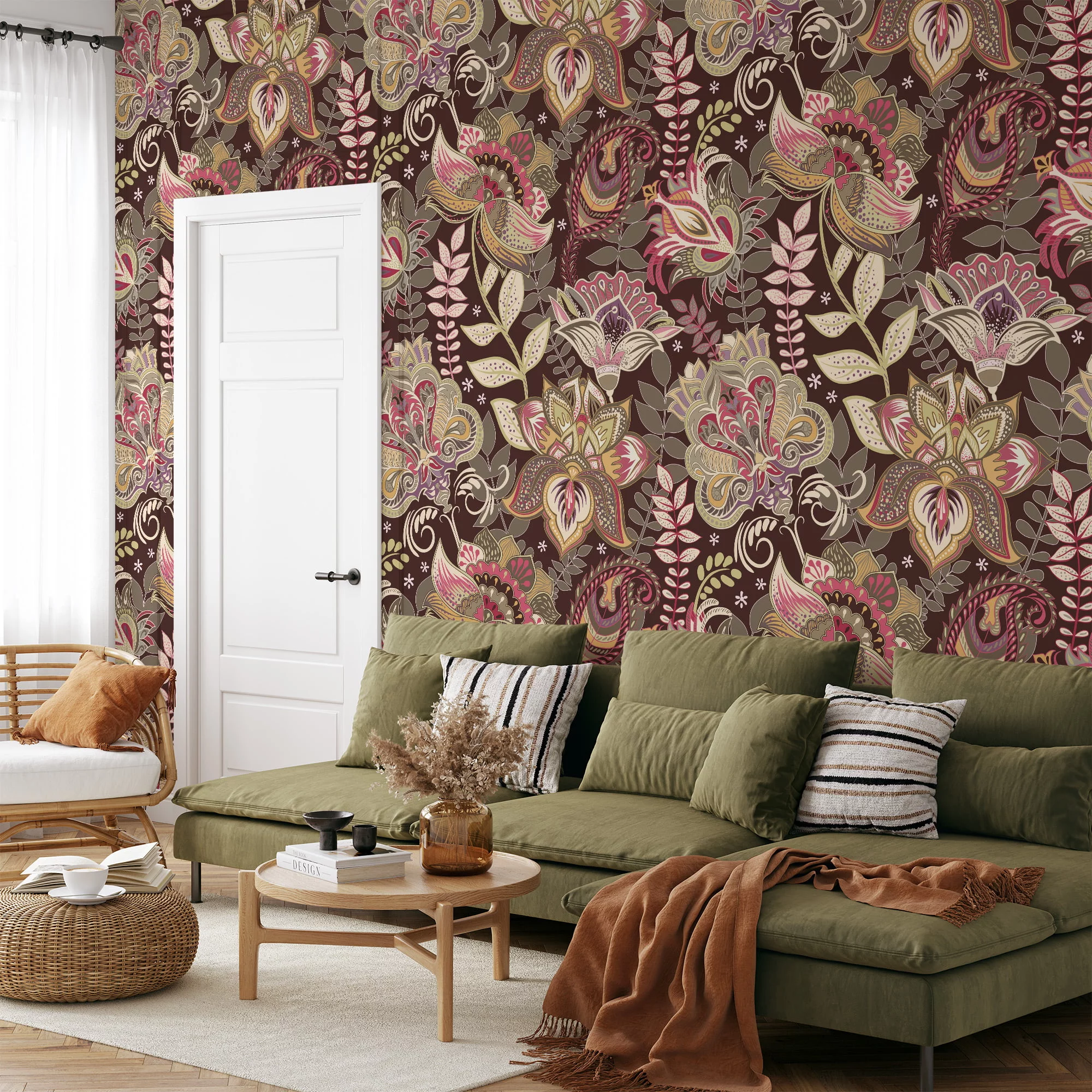 Oriental Vintage Style Floral Illustration Wallpaper - Antique Style Oriental Floral Pattern with Soft Colors and Delicate Details