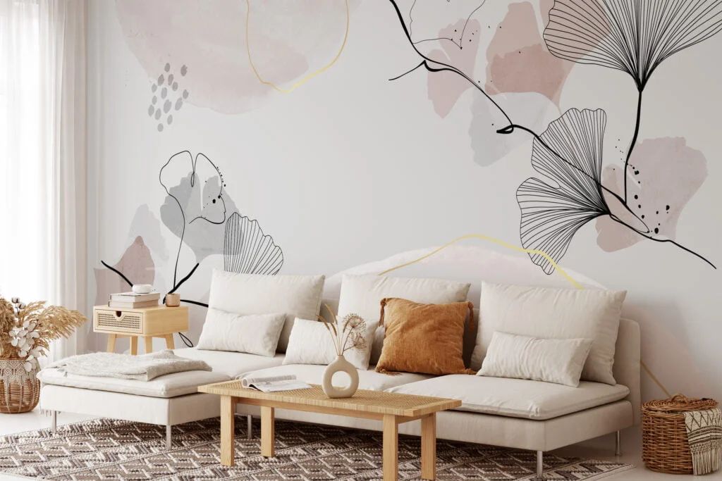 Exquisite Minimalist Grey and Nude Wallpaper with Delicate Floral Line Art for a Timeless Appeal