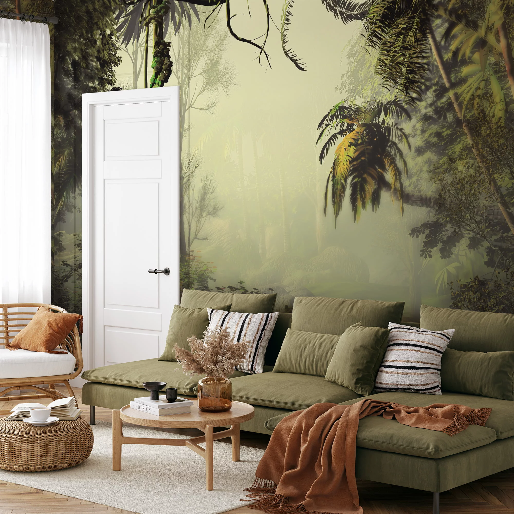 Elegant Misty Green Jungle Wallcovering with Lush Palm Trees and Forest Background for a Serene Atmosphere