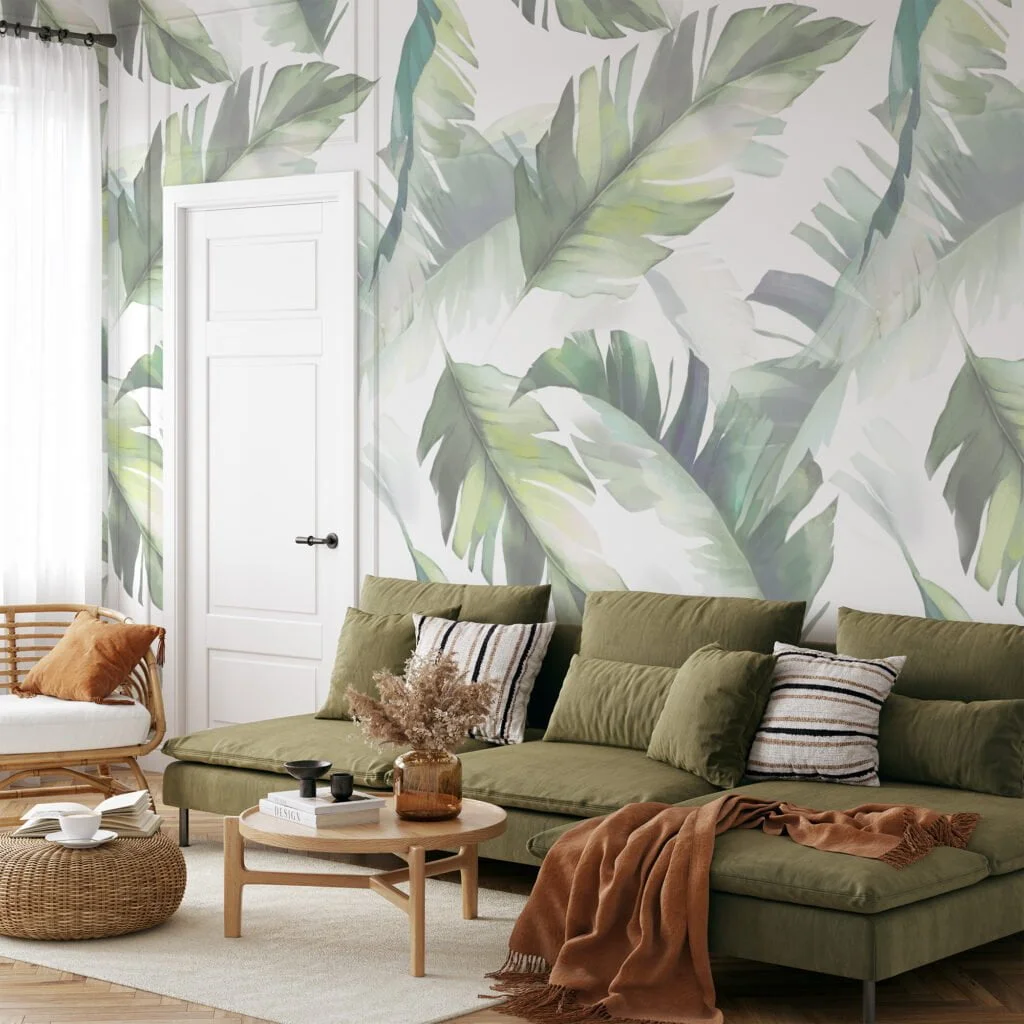 Soft and Serene Watercolor Style Leaves on White Background - Self-Adhesive Peel and Stick Green Wallpaper for a Modern and Relaxing Atmosphere