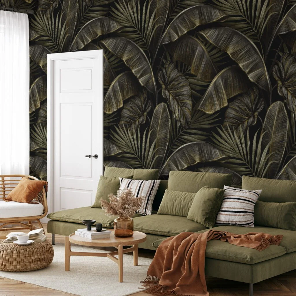 Vintage Charm Meets Tropical Beauty with Banana Leaves Pattern - Self-Adhesive Peel and Stick Dark Leaf Wallpaper for a Refreshed Bathroom or Bedroom