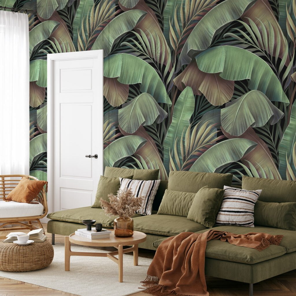 Lush Oasis with Large Tropical Green Banana Leaves Pattern - Self-Adhesive Peel and Stick Green and Brown Leaf Wallpaper Inspired by Nature