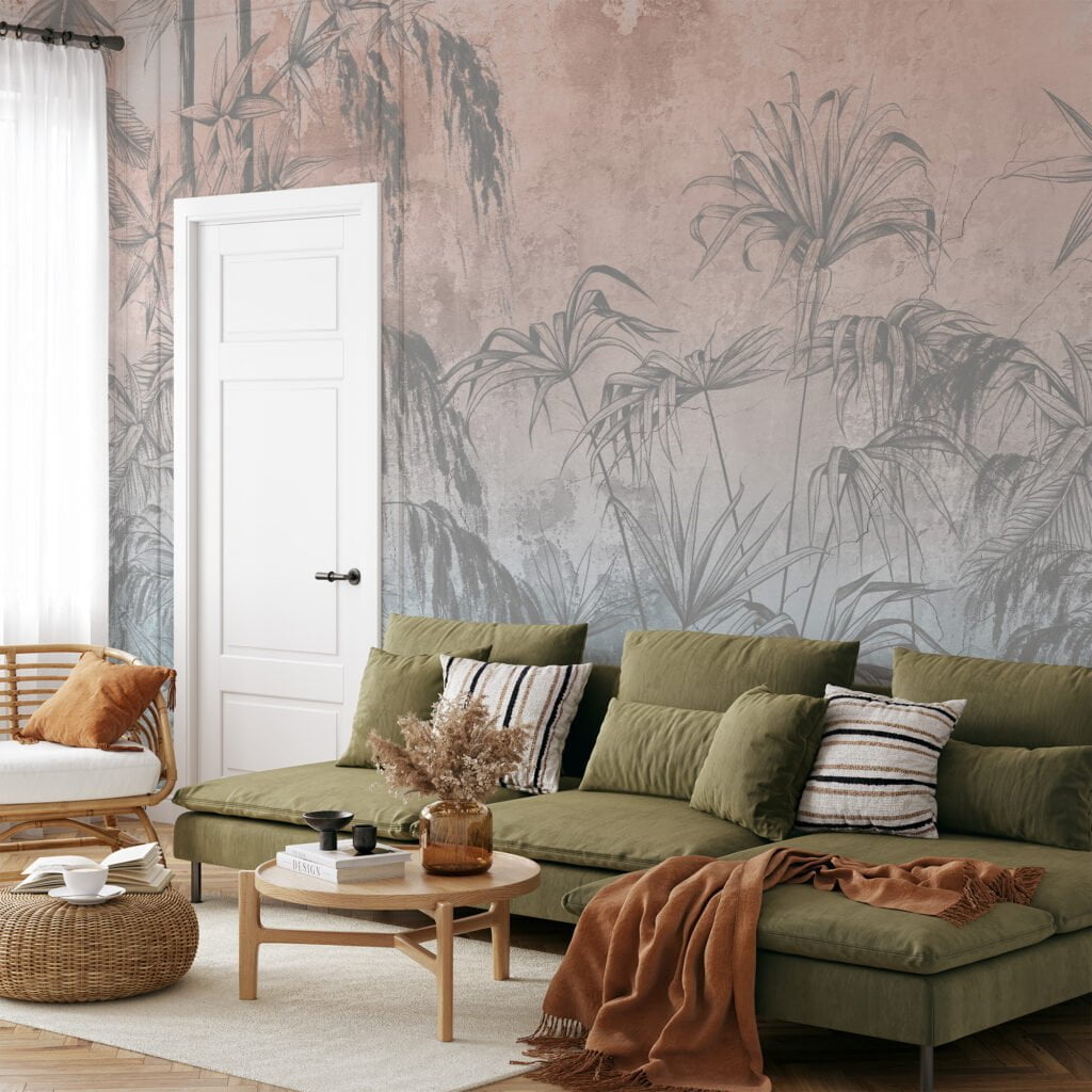 Create a Vintage Tropical Oasis with Trees and Leaves on Grunge Background - Self-Adhesive Peel and Stick Blue Pink Wallpaper Mural to Bring Nature Indoors