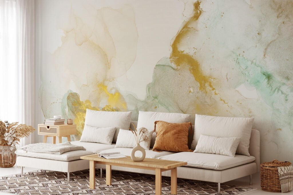 Beige and Mint Colored Ink in Water Effect Wall Mural - Self-Adhesive Peel & Stick Wallpaper