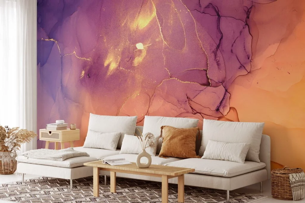 Abstract Orange and Purple Ink Art Wallpaper - Peel and Stick, Easy to Apply and Ideal for Modern Interiors
