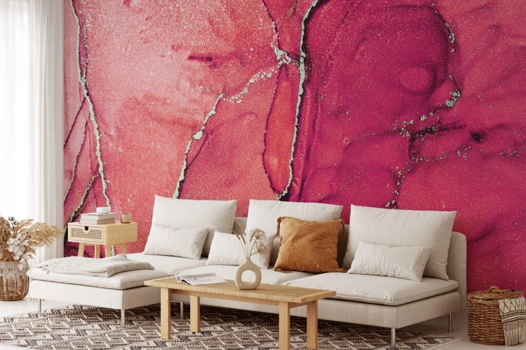 Dramatic Red Toned Marble Texture Wallpaper with Gilded Cracks, Peel & Stick Red Gold Marble Wall Mural