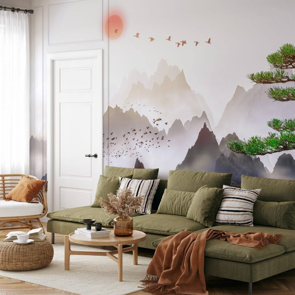 Tranquil Nature Wallpaper with Misty Mountains and Soaring Birds for a Peaceful and Serene Home Ambiance