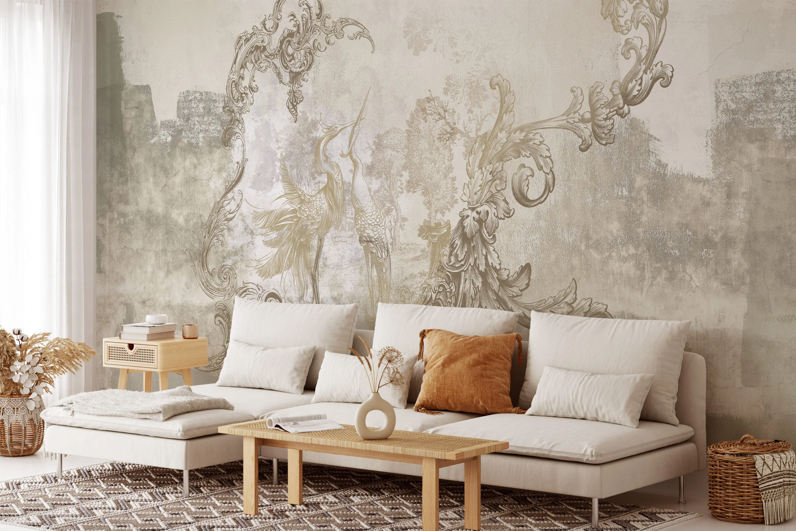 Vintage Style Wallpaper with Storks, Peel and Stick Self Adhesive Wall Mural, Classic Traditional Removable Wallpaper