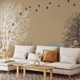 Peel and Stick Minimalist Trees and Birds Wallpaper with Customizable Sizes and Removable Properties for Modern Wall Decor in Living Rooms or Bedrooms
