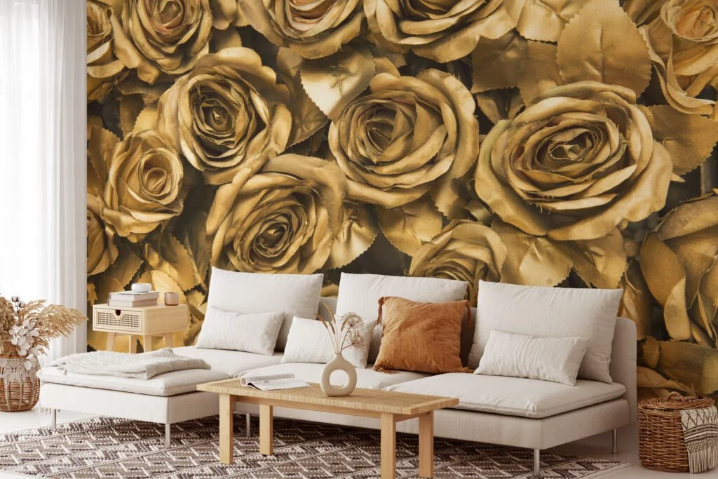 Large Golden Roses Wallpaper, Elegant and Luxurious Peel and Stick Wall Mural, Self Adhesive Removable Wallpaper for a Glamorous Accent Wall