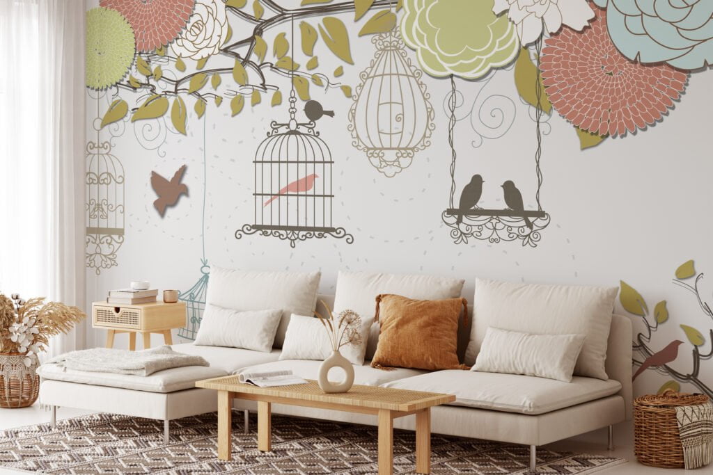 Illustrated Flowers and Birdcages Wallpaper, Playful and Charming Peel and Stick Wall Mural, Self Adhesive Removable Wallpaper for a Whimsical Home Decor