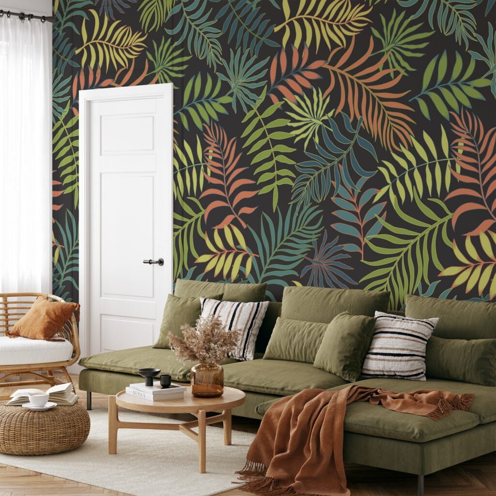 Bold and Beautiful Tropical Floral Leaves on Dark Background - Self-Adhesive Peel and Stick Fern Wallpaper with Botanical Charm