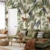 Lush Leaves and Exotic Animal Illustration Wallpaper for a Wild and Vibrant Home Decor