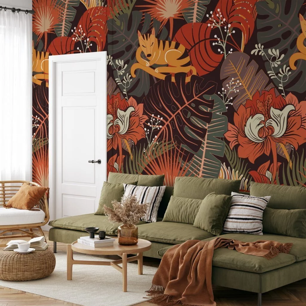 Autumnal Leaves Illustration Wallpaper with Foxes for a Rustic and Cozy Home Ambiance