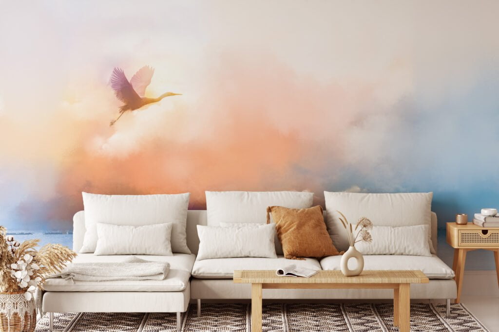 Soft Sunset Landscape Painting with Flying Bird Wallpaper, Serene and Tranquil Peel and Stick Wall Mural, Self Adhesive Removable Wallpaper for Bedroom or Living Room