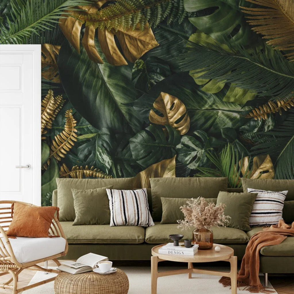 Vibrant Golden and Green Tropical Leaves on Jungle Background - Self-Adhesive Peel and Stick Botanical Wallpaper to Create a Lush Escape