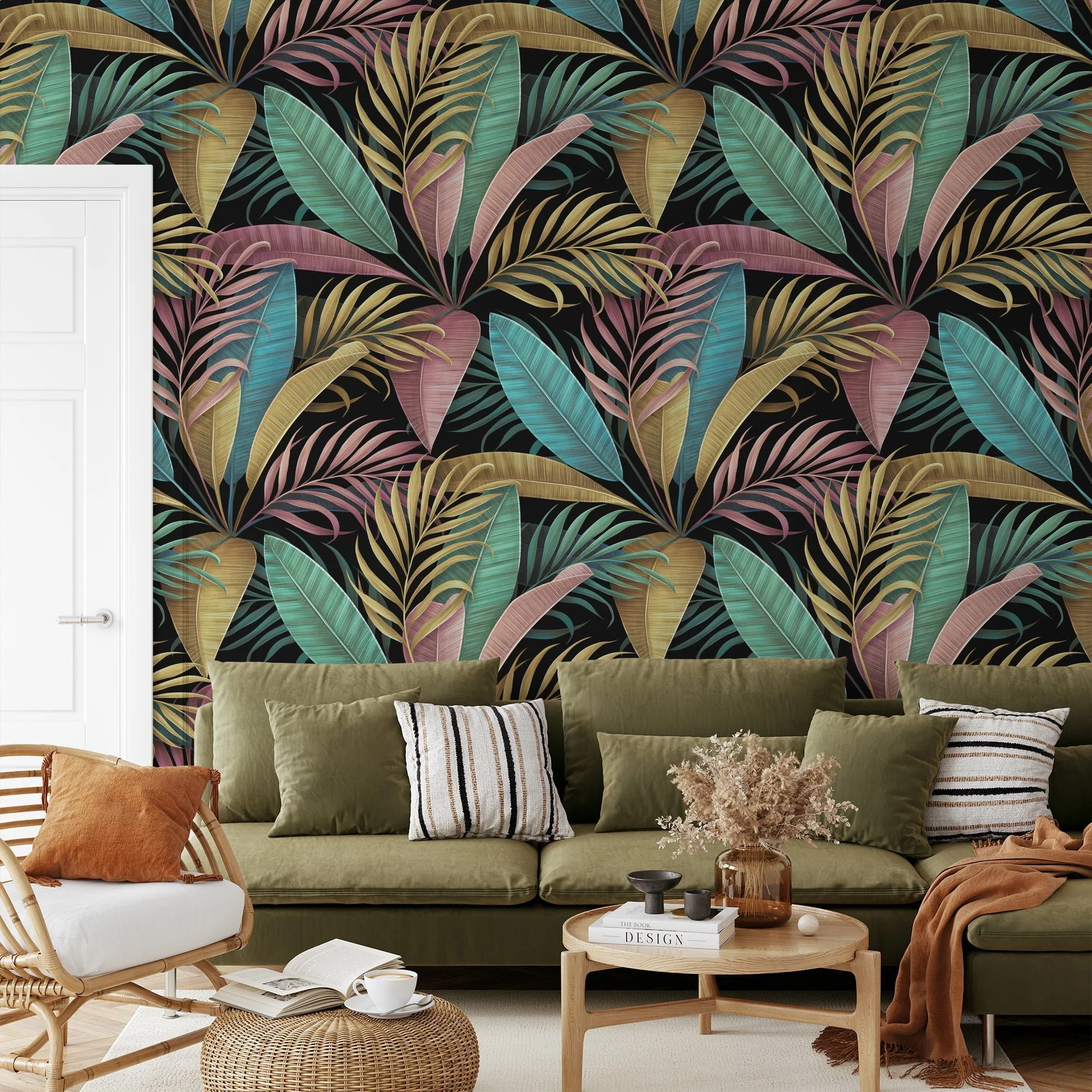 Add a Splash of Color to Your Walls with this Peel and Stick Colorful Leaf Wall Mural on a Black Background