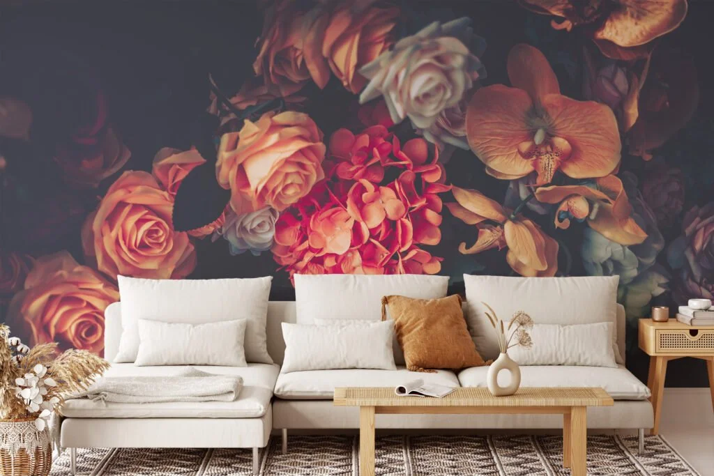 Flower Bouquet with Dark Background Wallpaper, Bold and Striking Peel and Stick Wall Mural, Self Adhesive Removable Wallpaper for a Sophisticated Statement Wall