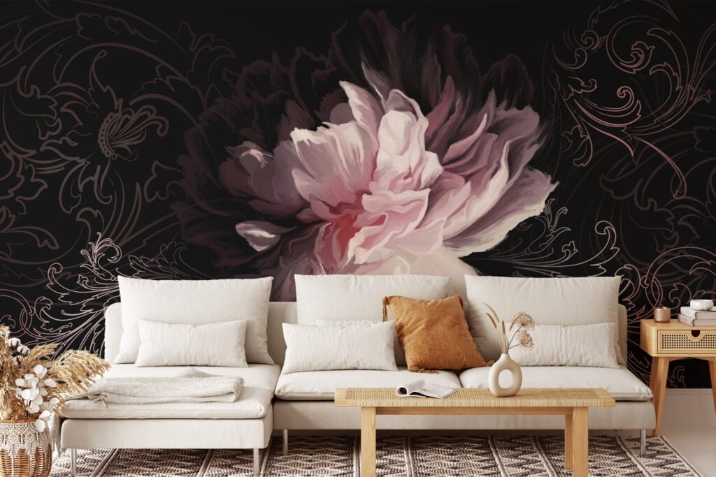 Soft Pink Floral Wallpaper, Large Blooming Flowers Wall Mural for Feminine Bedroom or Nursery