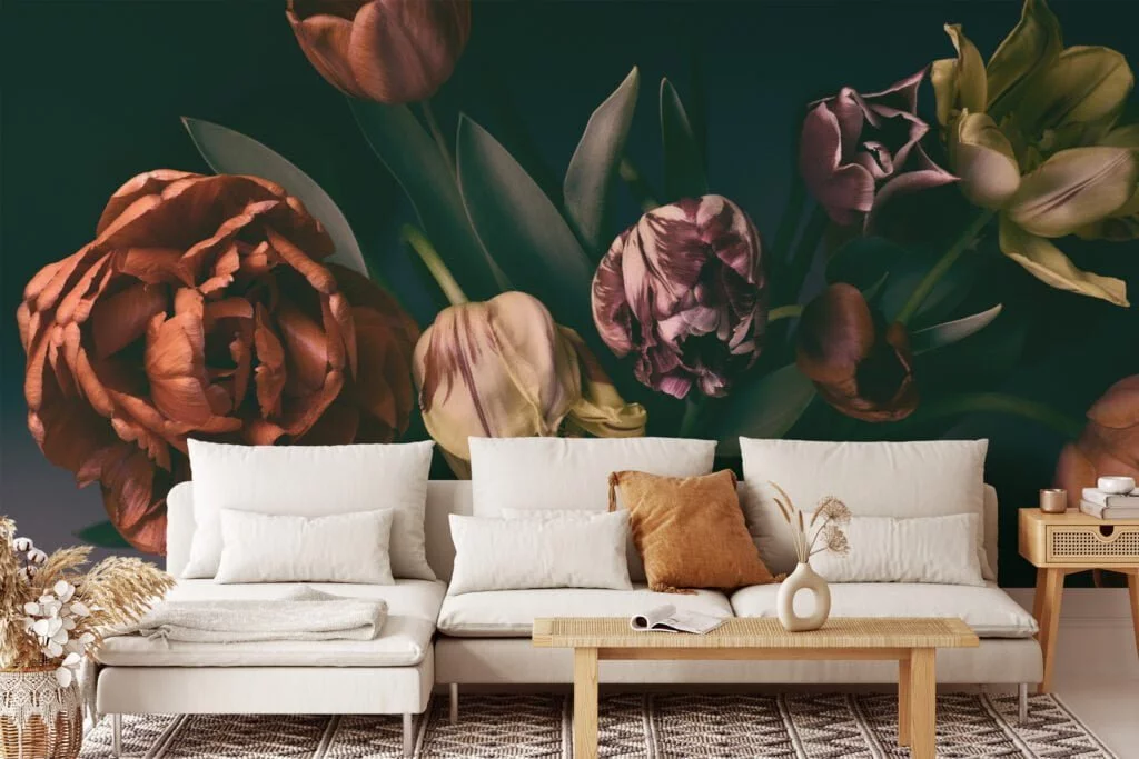 Vintage Style Colorful Tulips Wallpaper, Peel and Stick Floral Wall Mural, Removable Self Adhesive Wallpaper for Living Room, Bedroom, or Bathroom