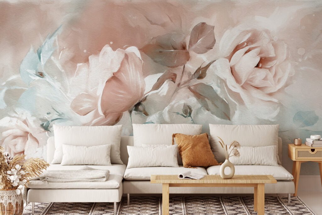 Oil Painting with Rose Flowers Wallpaper - Traditional Style Floral Design with Realistic Oil Painting Effect