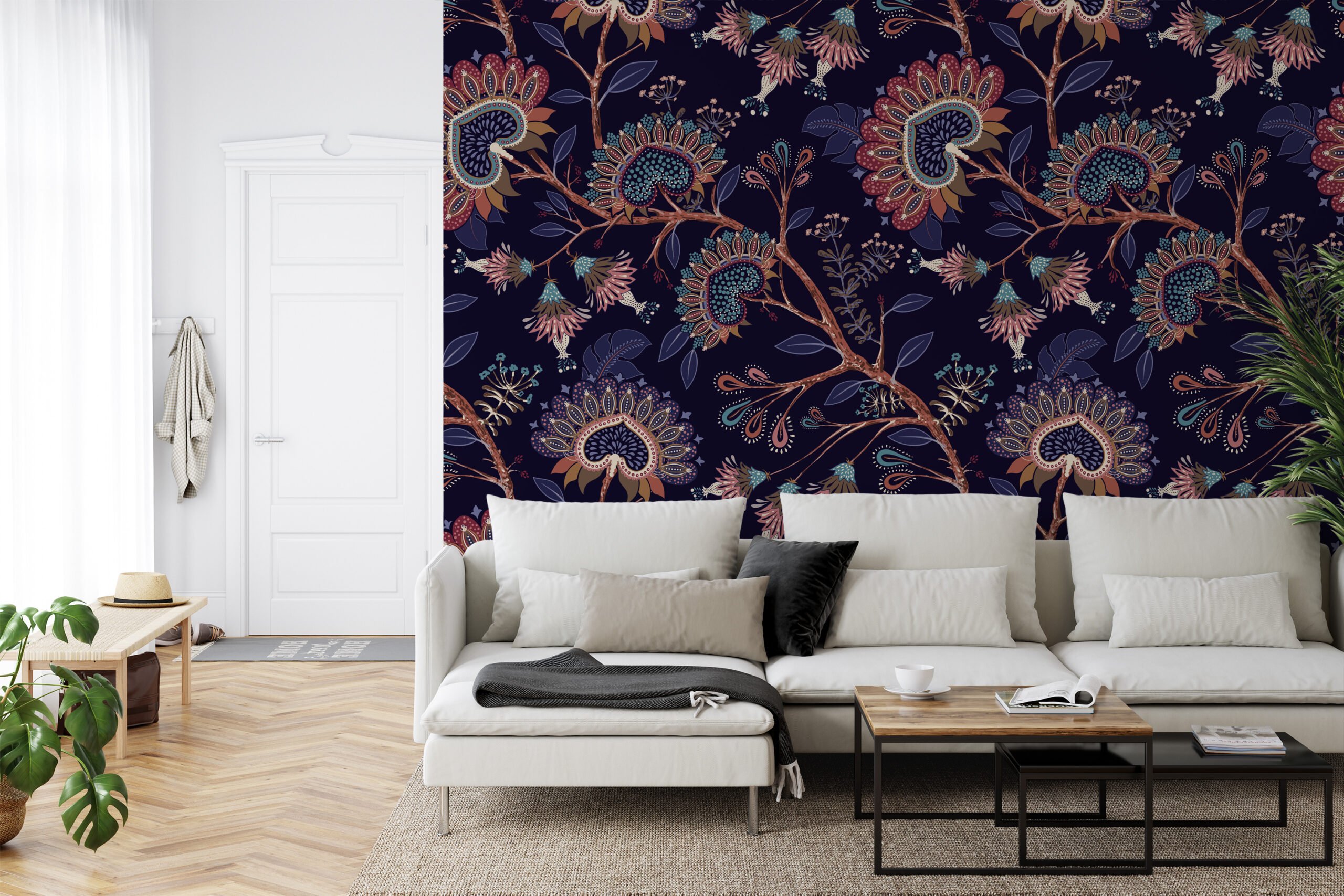 Floral Wallpaper with Navy Blue Background - Traditional Design for a ...