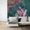 Tropical Paradise: Dark Green Leaf Wallpaper with Colorful Leaves and Self-Adhesive Design