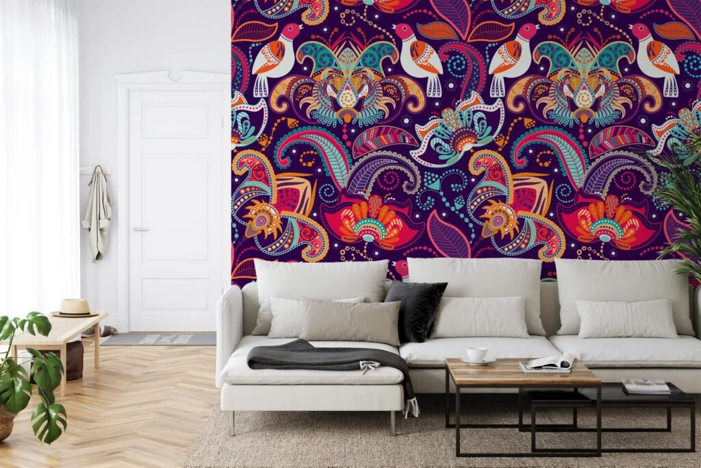 Traditional Colorful Floral Illustration with Birds Wallpaper - Oriental Style Floral Pattern with Vibrant Colors