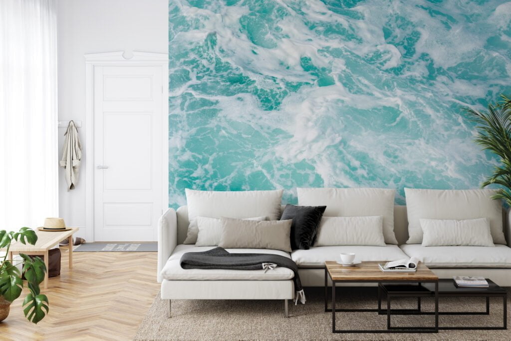 Refreshing Aqua Ocean with Sea Foam Wallpaper for a Calming and Tranquil Home Ambiance