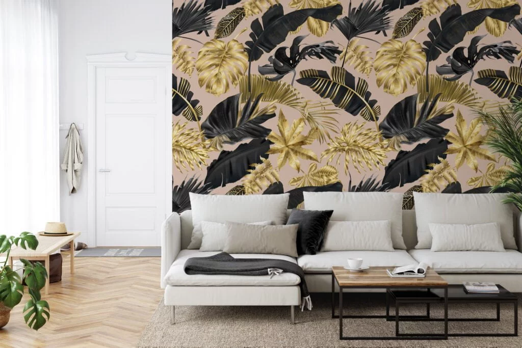 Luxurious Gold and Black Tropical Leaves on Peach Pink Background - Self-Adhesive Peel and Stick Modern Wallpaper for a Touch of Elegance