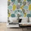 Artistic Abstract Fall Leaves with Branches on Light Background - Self-Adhesive Peel and Stick Wallpaper with a Modern Twist in Blue and Yellow