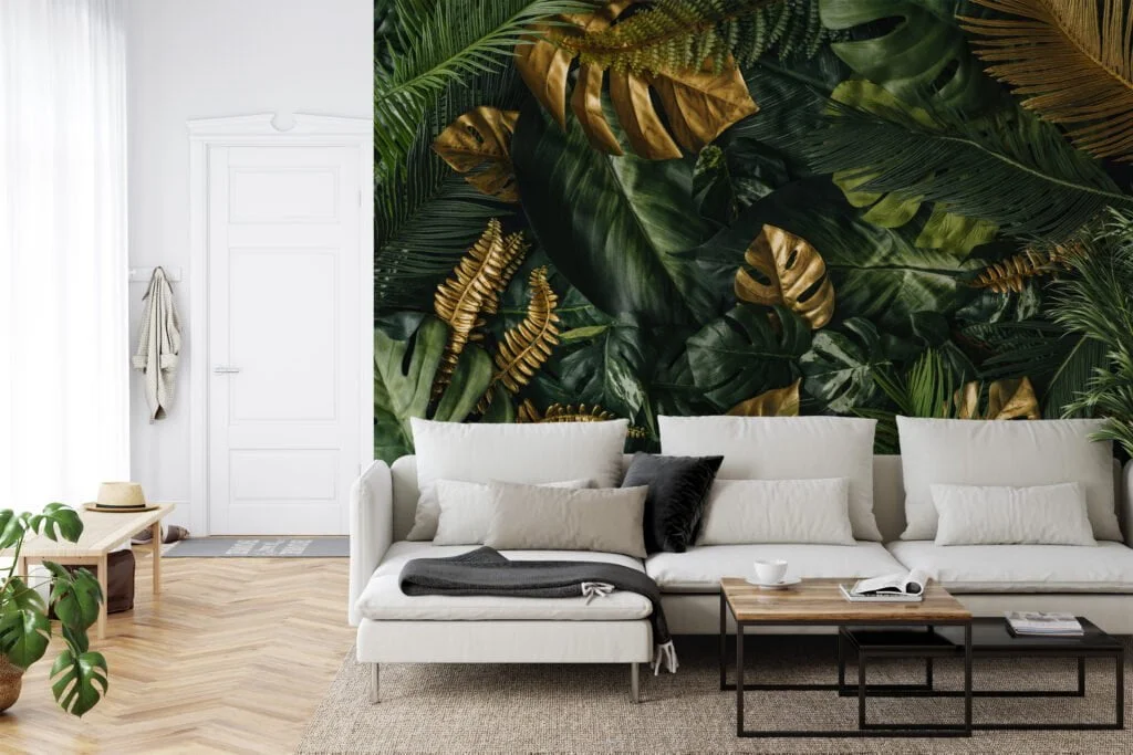 Vibrant Golden and Green Tropical Leaves on Jungle Background - Self-Adhesive Peel and Stick Botanical Wallpaper to Create a Lush Escape