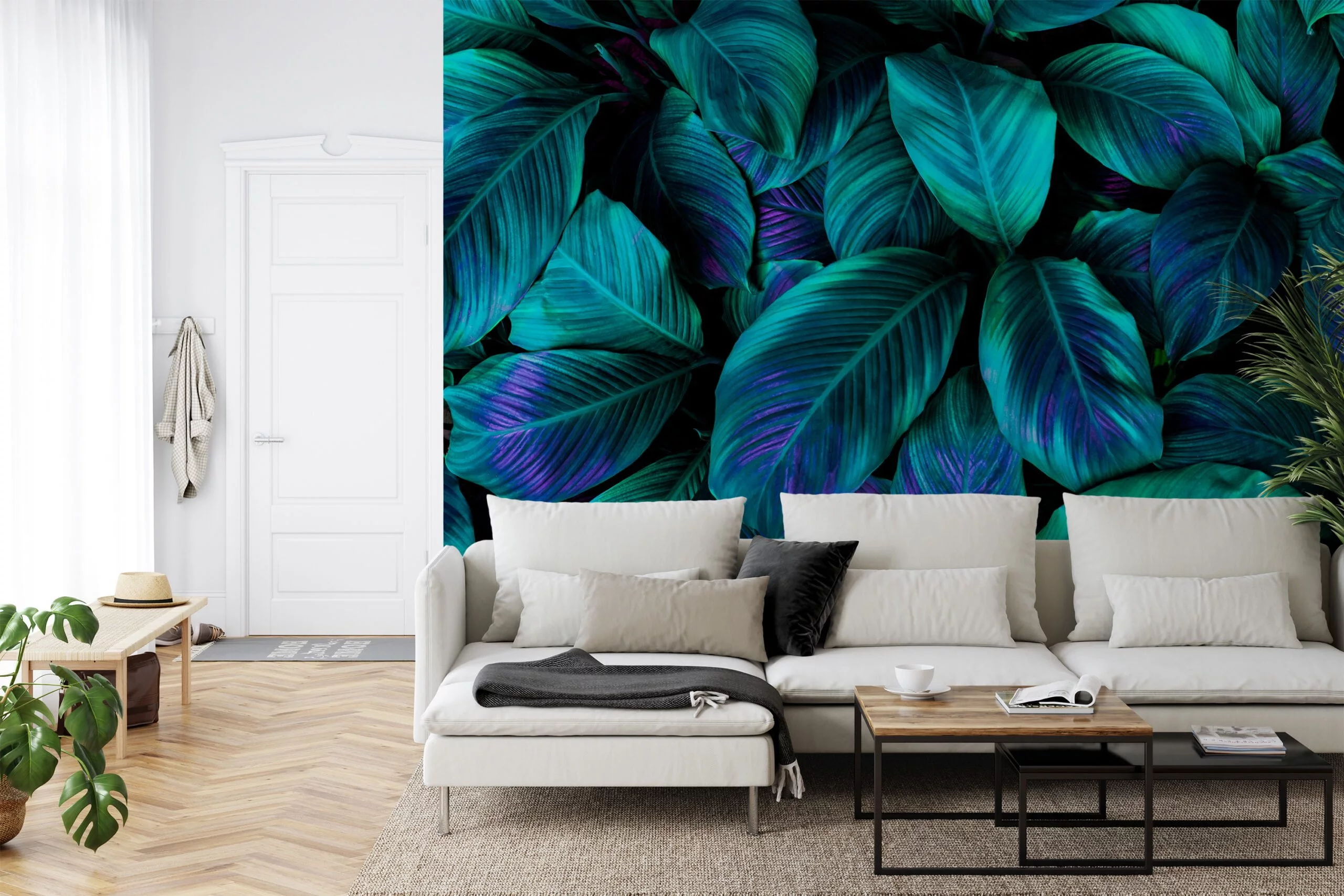 Lush Tropical Green Cannifolium Leaves with a Pop of Purple Highlights - Self-Adhesive Peel and Stick Nature Wallpaper for a Bold and Beautiful Space