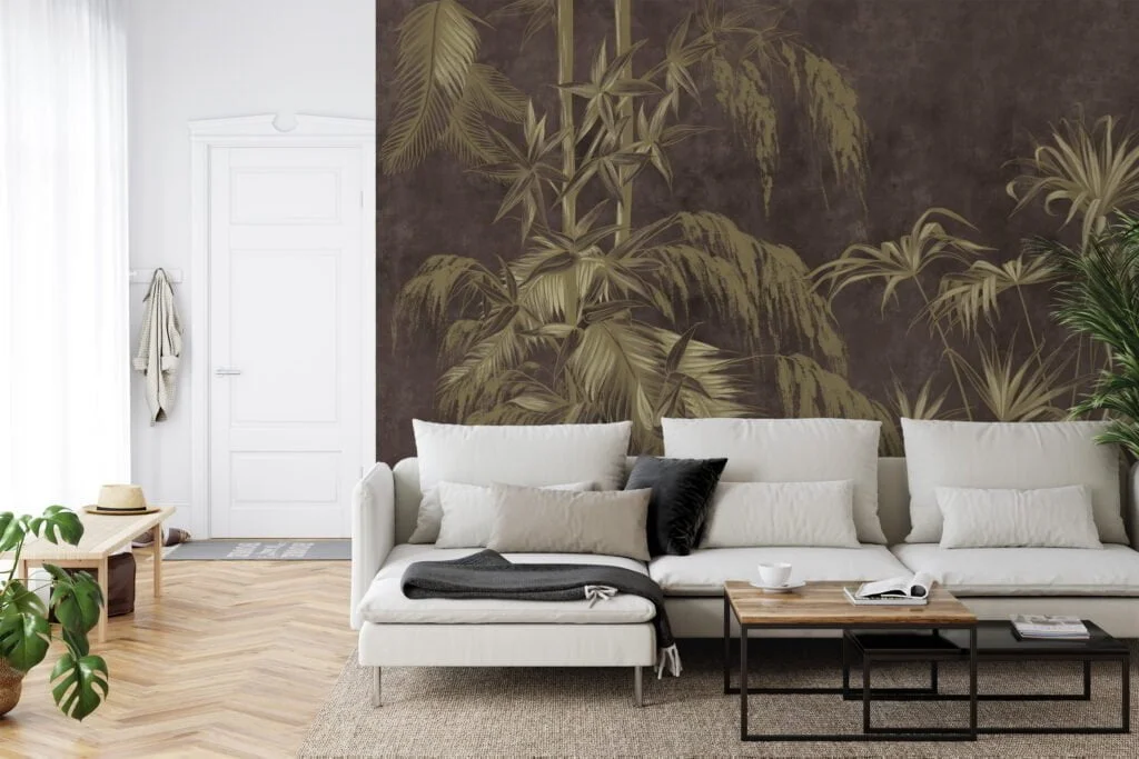 Embrace Nature's Beauty with Tropical Leaves on a Brown Concrete Grunge Background - Self-Adhesive Peel and Stick Dark Brown Leaf Wallpaper Mural for a Rustic yet Chic Look